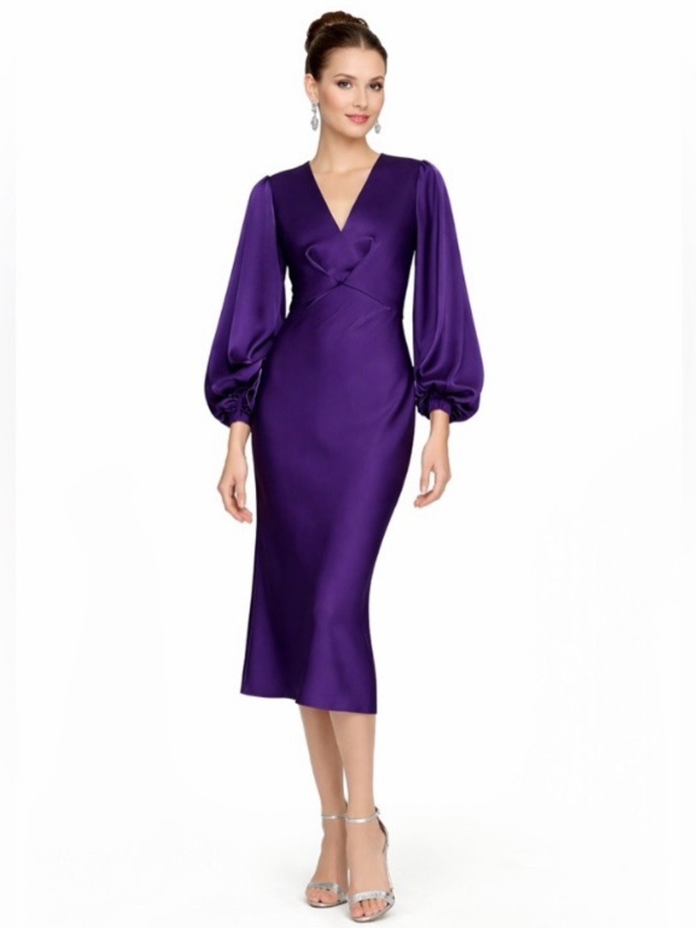 Sachin & Babi Womens Purple Below The Knee Long Sleeve Dress Cocktail Dress - 4